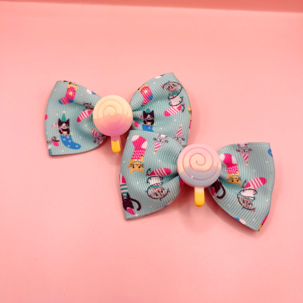 Cat Themed Bow and Swirl Pop Hair Bow - Twin Set