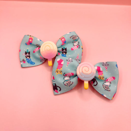 Cat Themed Bow and Swirl Pop Hair Bow - Twin Set