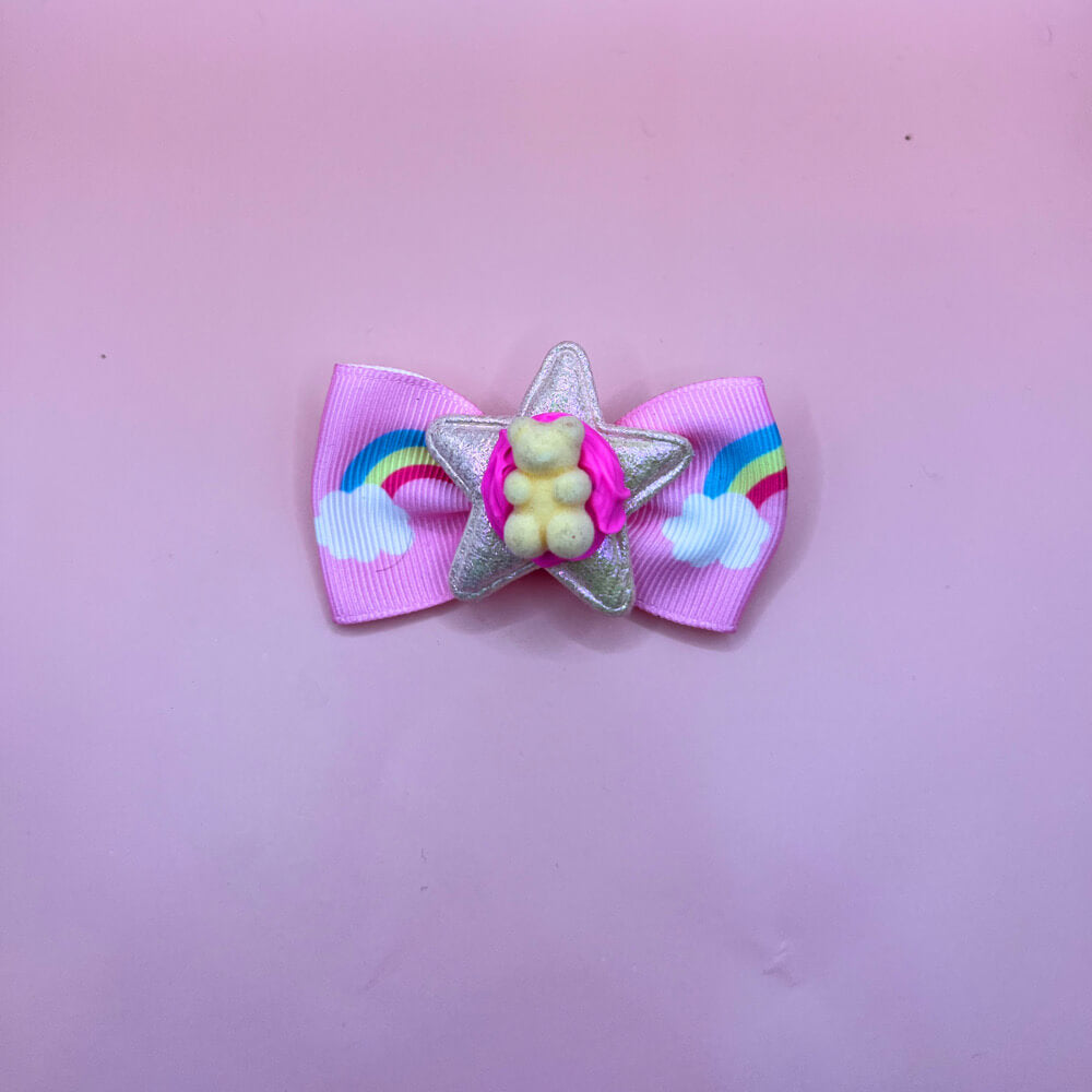 Pink Rainbow and Teddy Bow Hair Slide