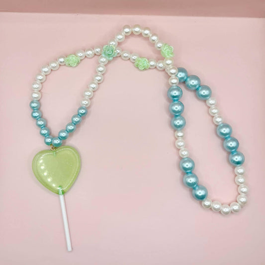 Jumbo Glitter Heart Pop Beaded Necklace - Green