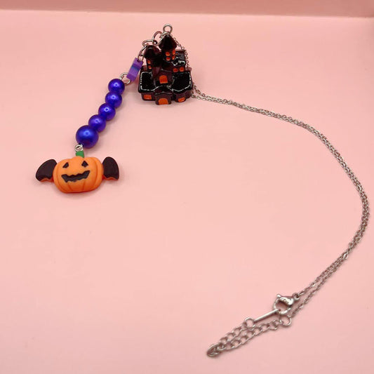 Haunted House and Bat Pumpkin Pendant Chain