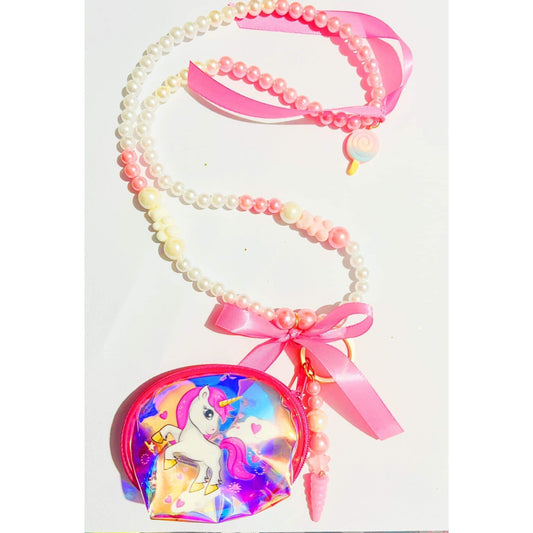 Deluxe Beaded Princess Unicorn Purse Necklace -Pink