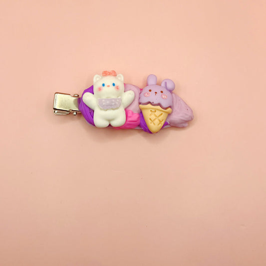 Custom Decoden Hair Clip  - Kitty Kat and Bunny Ice Cream