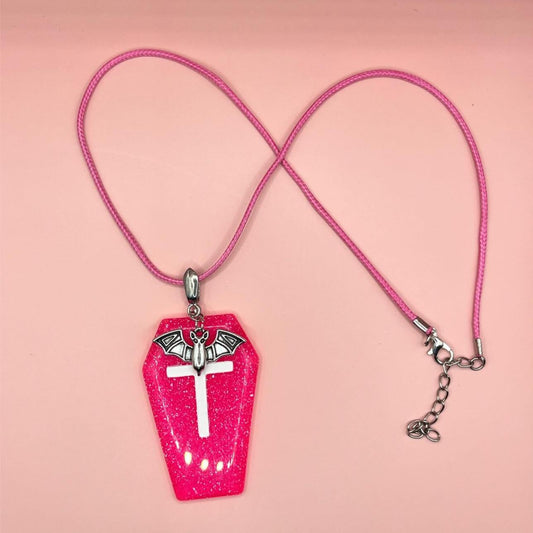 Hot Pink Glitter Coffin and Bat Pendant