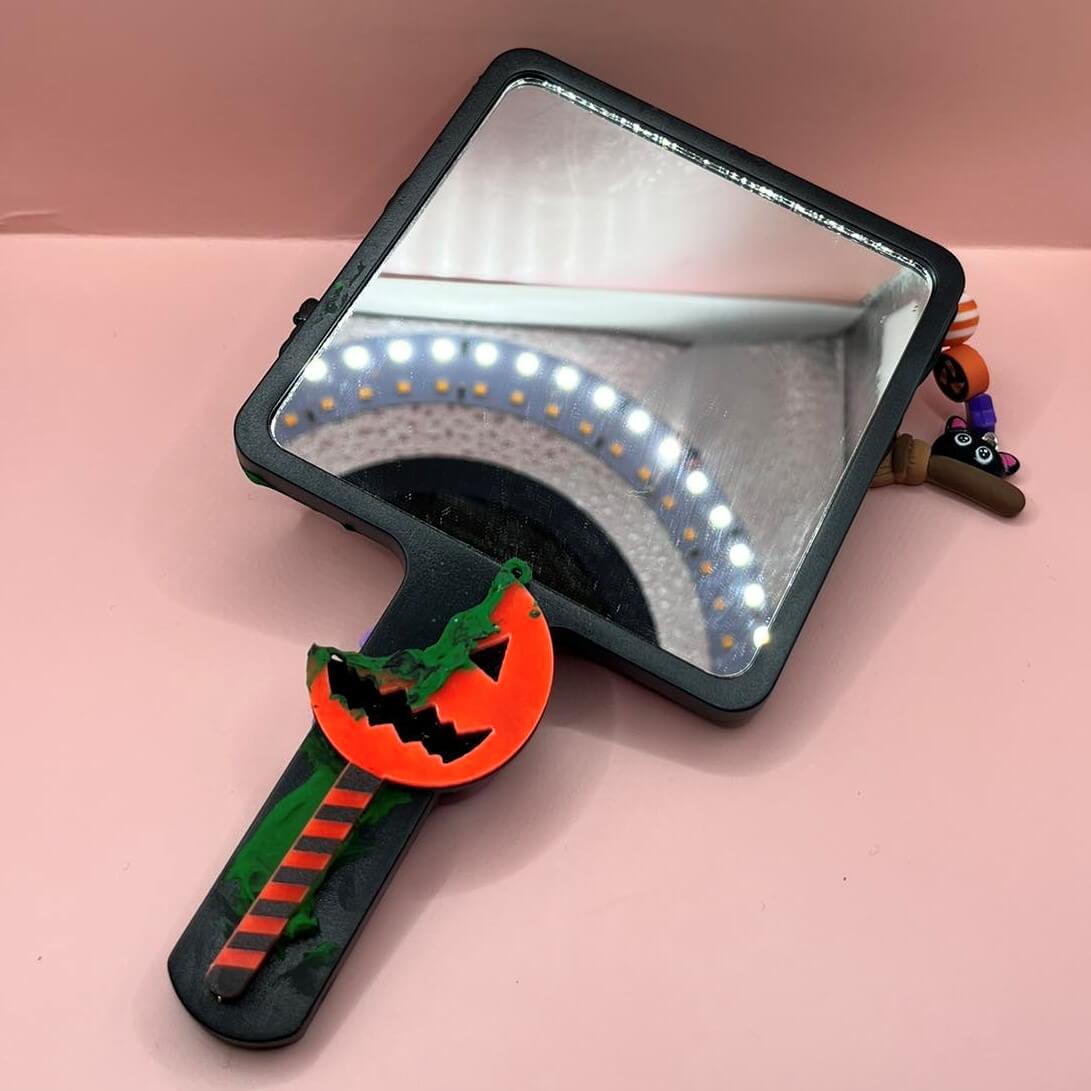 Decoden Hand Mirror - Spooky Boo Halloween with 3D Coffin and Witch Kitty Thread