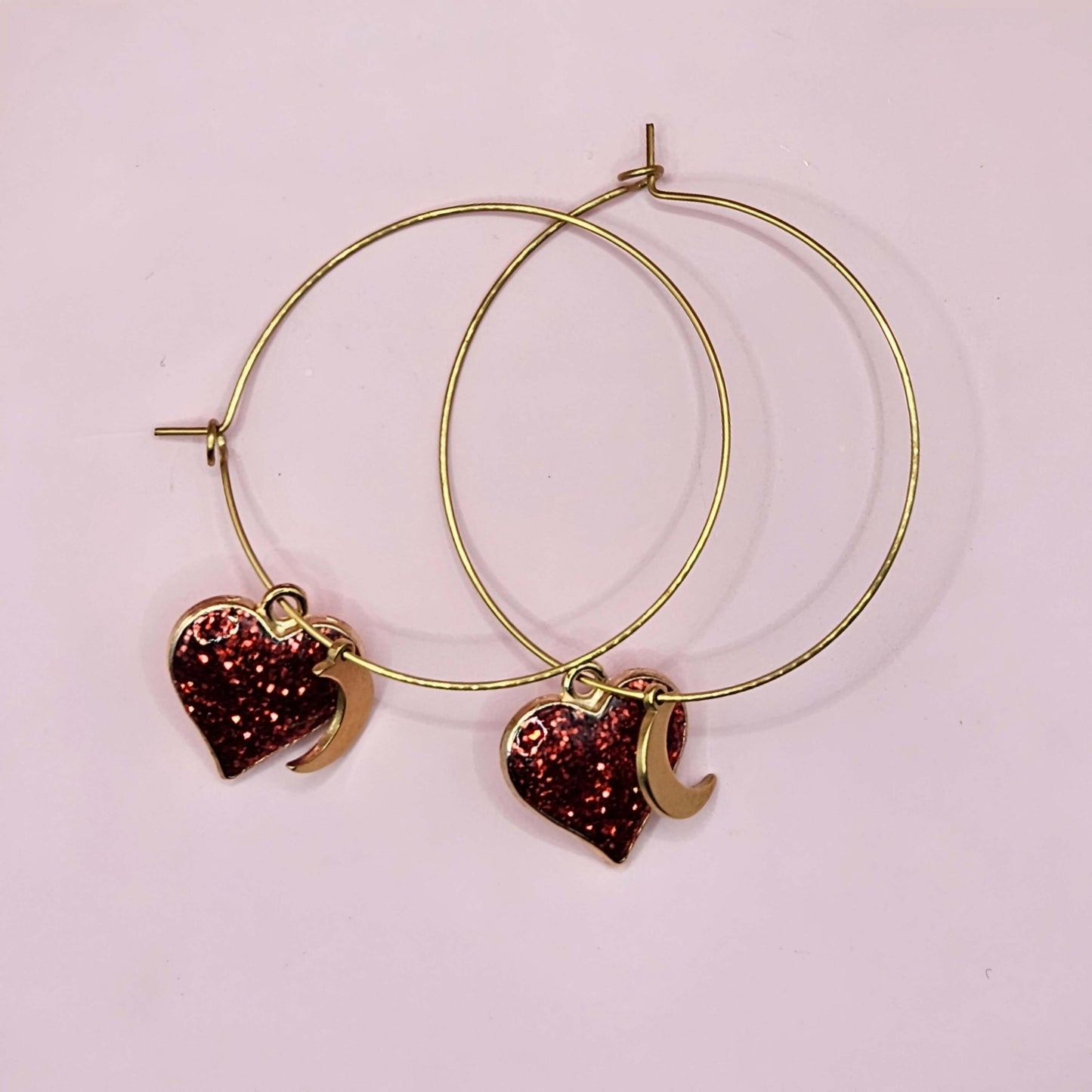 Gold and Red Sparkle Heart Valentine Hoops with Gold Crescent Moons