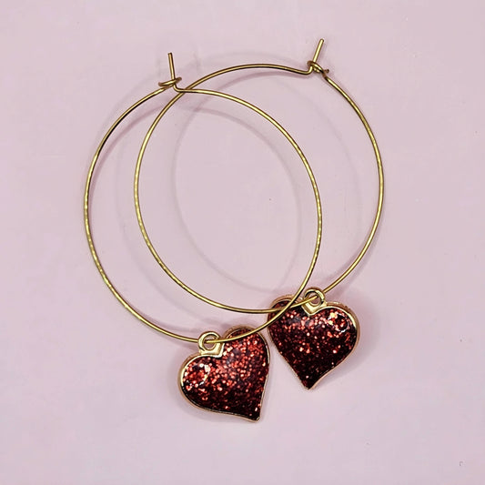 Gold and Red Sparkle Heart Valentine Hoops