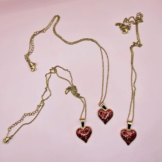 Gold and Red Sparkle Heart Valentine Pendant Chain