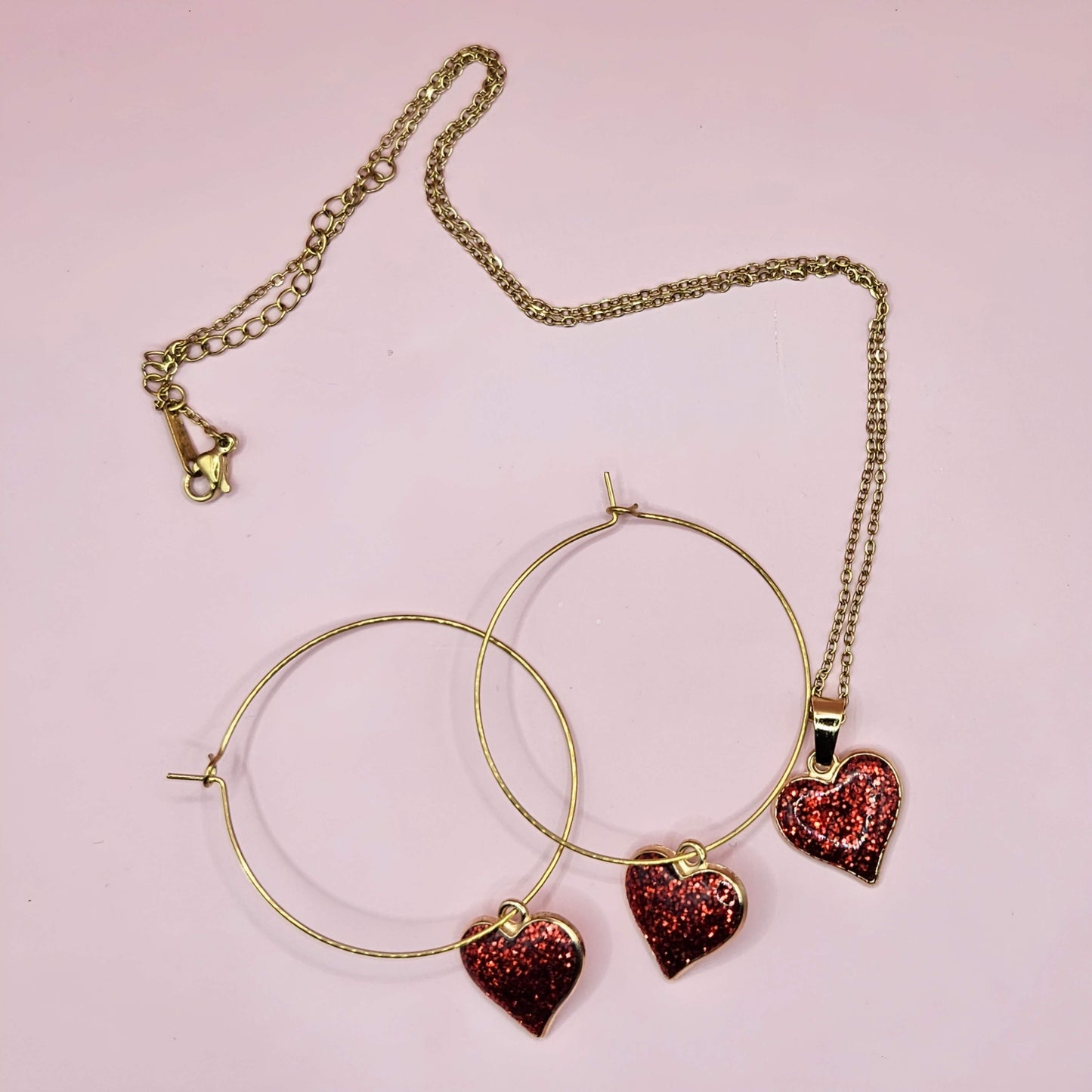 Gold and Red Sparkle Heart Valentine Hoops