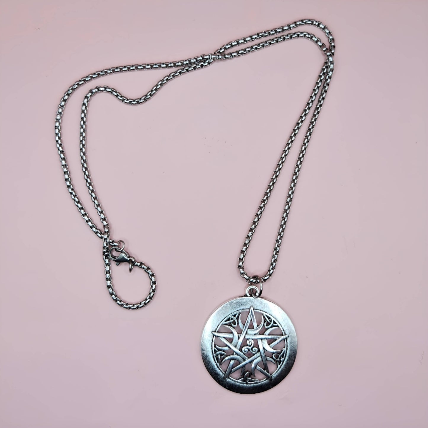 Silver Celtic Knot and Moon Pentacle and Box Chain