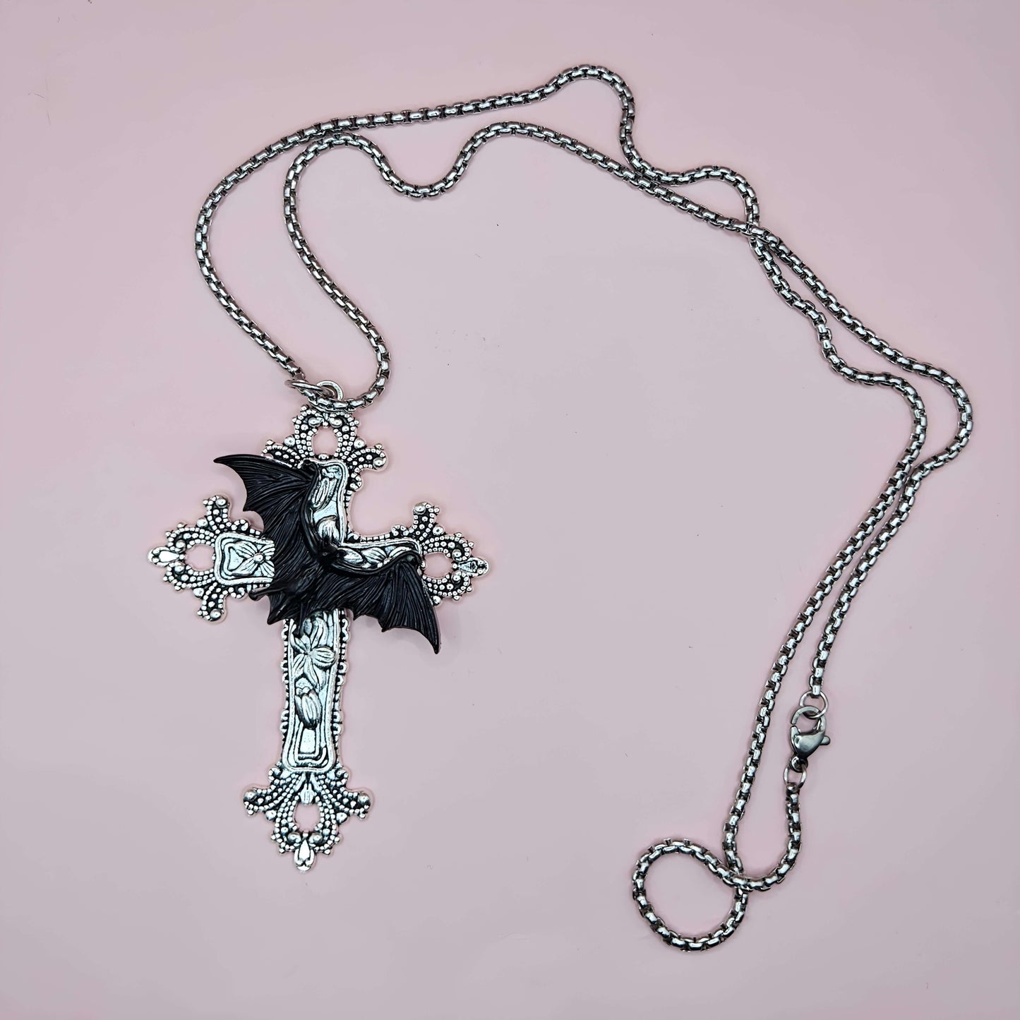 "OZZY" Style Cross and Black Bat with Box Chain