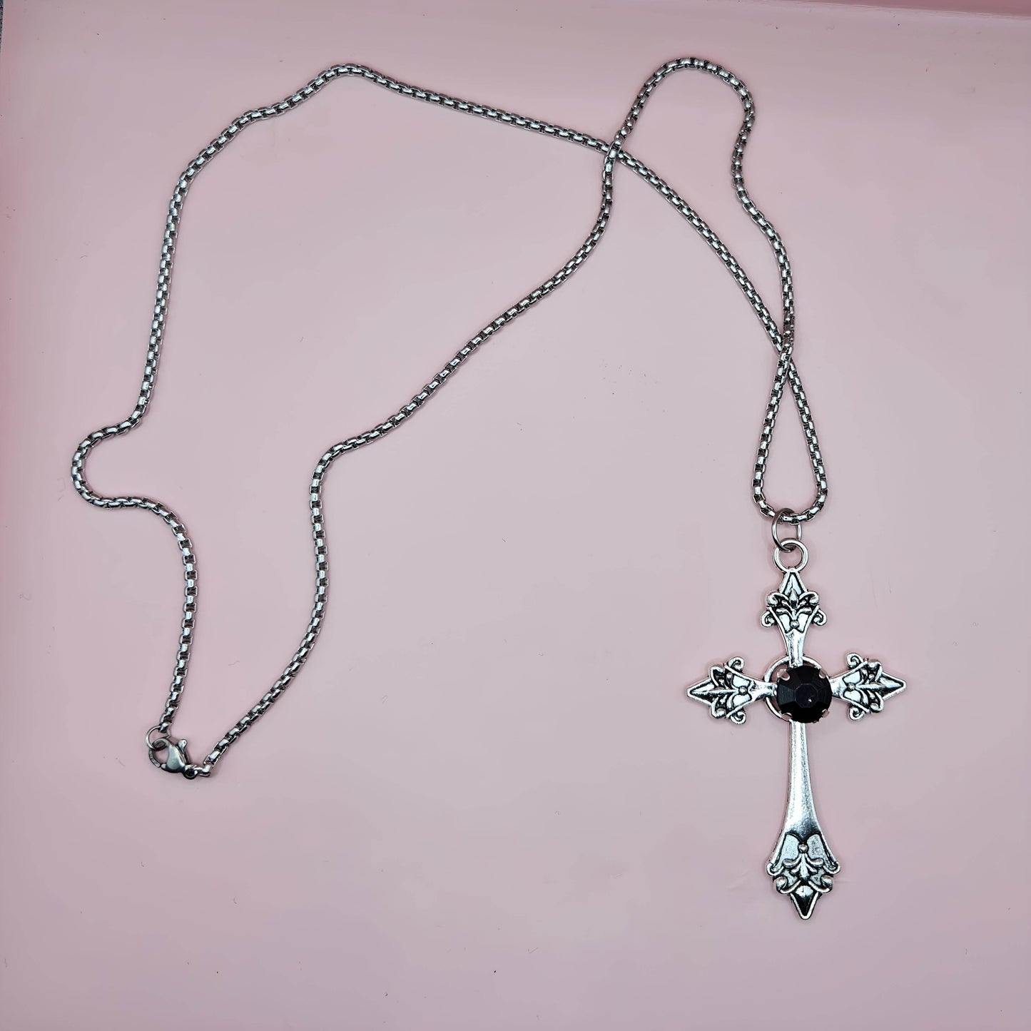 Silver Gothic Cross with Black Gem and Box Chain