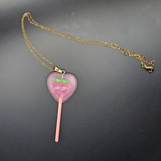 Pink Peach Valentine Heart Pop Pendant and Chain